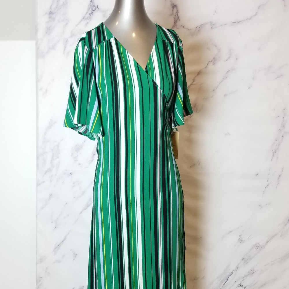 HALOGEN Striped Green Wrap Midi dress, size small